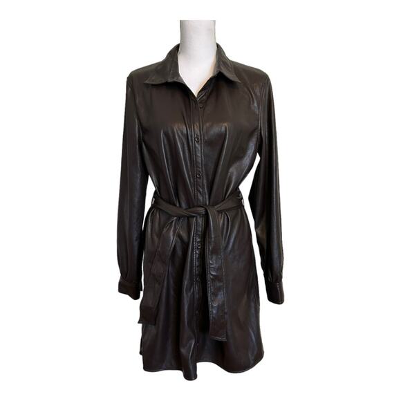 Aritzia Wilfred Caroline Belted Vegan Leather Shirt Dress Rich Mocha Brown M - Picture 1 of 13